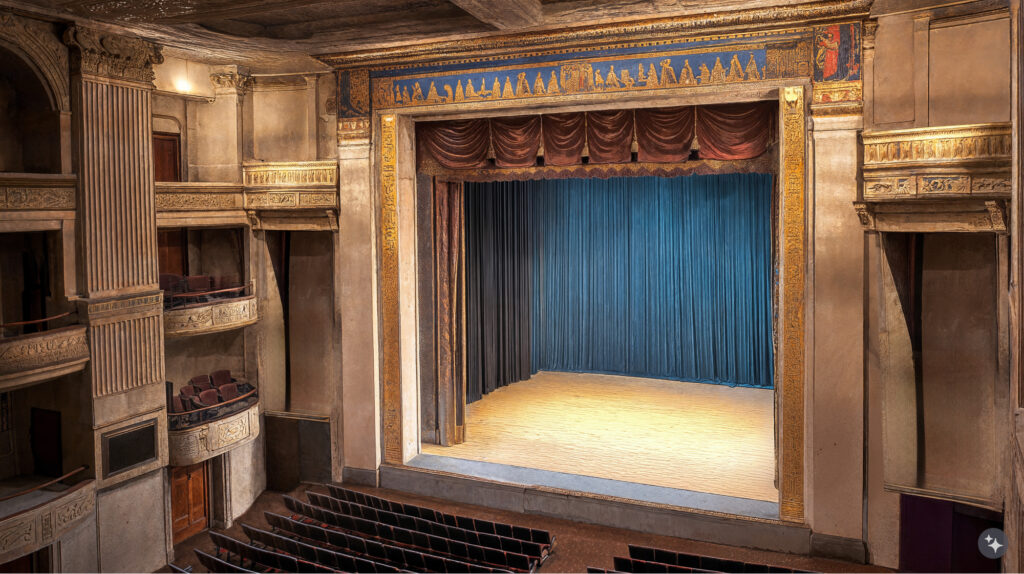 An Egyptian revival cultural center with stained glass windows, coffered ceilings, and wooden furniture.