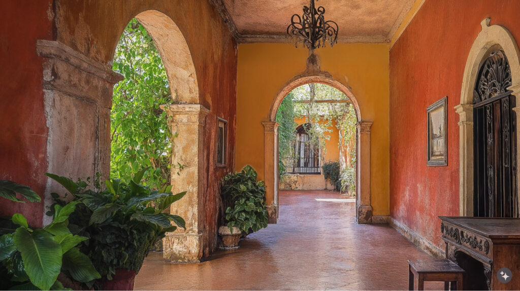 A Mexican hacienda designed cultural center with red walls, brick floors, and rustic furniture.