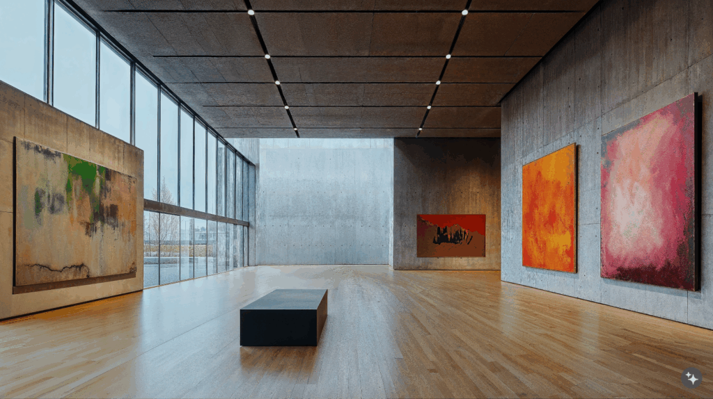 An Icelandic minimalist designed cultural space with hardwood floors, concrete walls, and natural lighting.