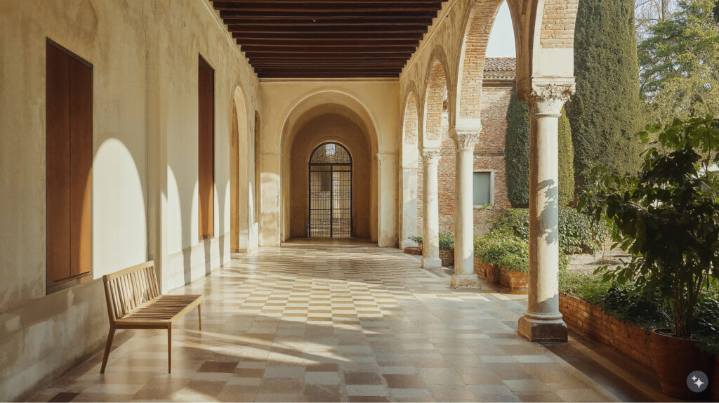 Ventian design of a cloister hallway with large open air arches leading into a terrace and plaster and brick facade in neutral tones. 