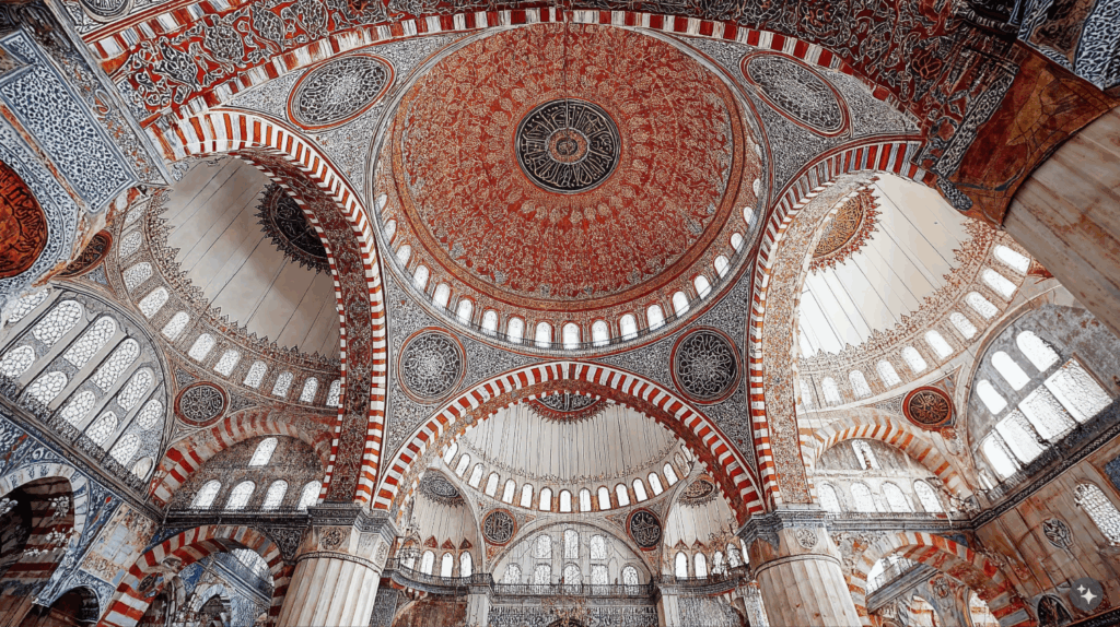 An Ottoman Turkish designed cultural space with domed roofs, decadent tiled walls, and marble pillars.