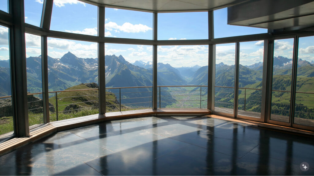 Swiss Alpine design observatory with floor to ceiling windows with sweeping views of mountains. 