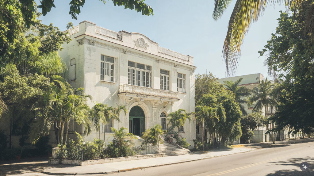 Cuban Design cultural building with stone facade, intricate balconies and large archway entrances. 