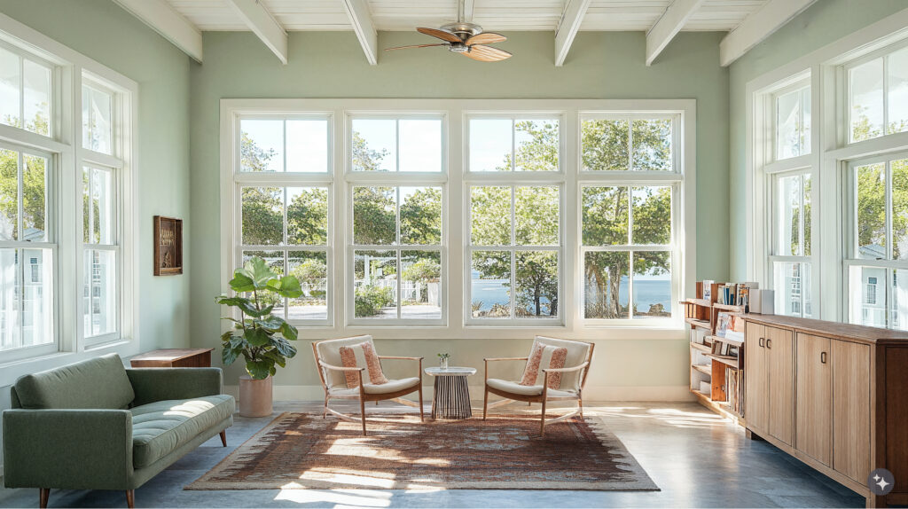 Key West design educational counselor's office. Pale, pastel green walls with white wooden ceiling beams. Large windows letting in a lot of natural light. A light green couch sits on the left side of the room and straight ahead sits two wooden chairs with white cushions facing each other. 