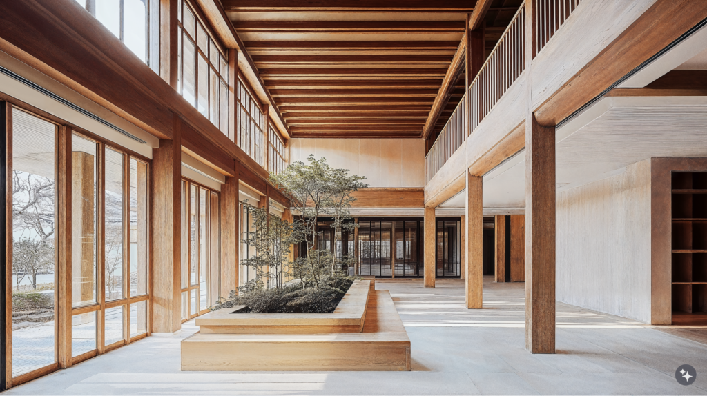 A Korean Hanok designed educational space with concrete floors, coffered ceilings, and wood paneled walls.