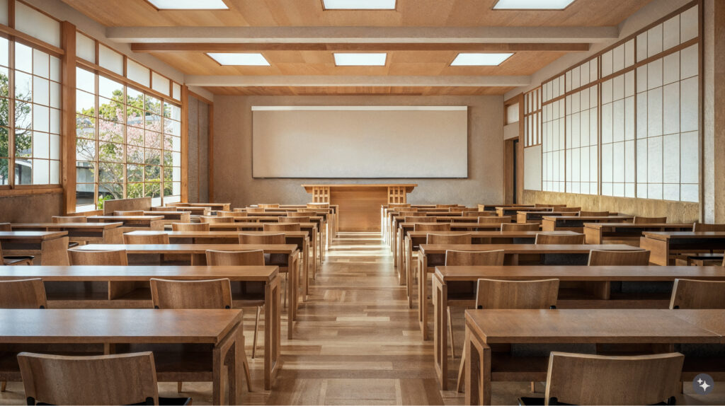 A Japanese Zen designed university classroom with desks and chairs arranged in rows, featuring traditional wooden accents. The room has large windows that allow natural light to fill the space, creating a warm atmosphere. 