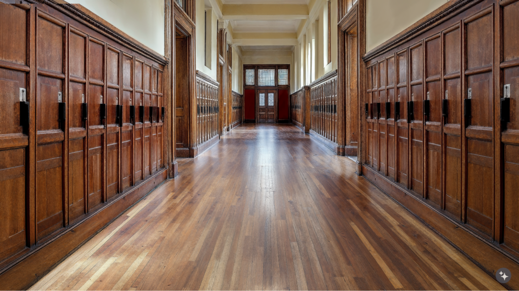 A British arts and crafts designed educational space with wooden flooring, wood paneled walls, and coffered ceilings.