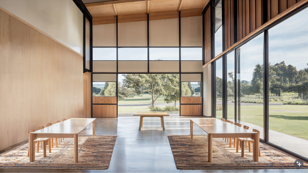 A Maori inspired classroom with wooden furniture, large windows, and wooden wall paneling.