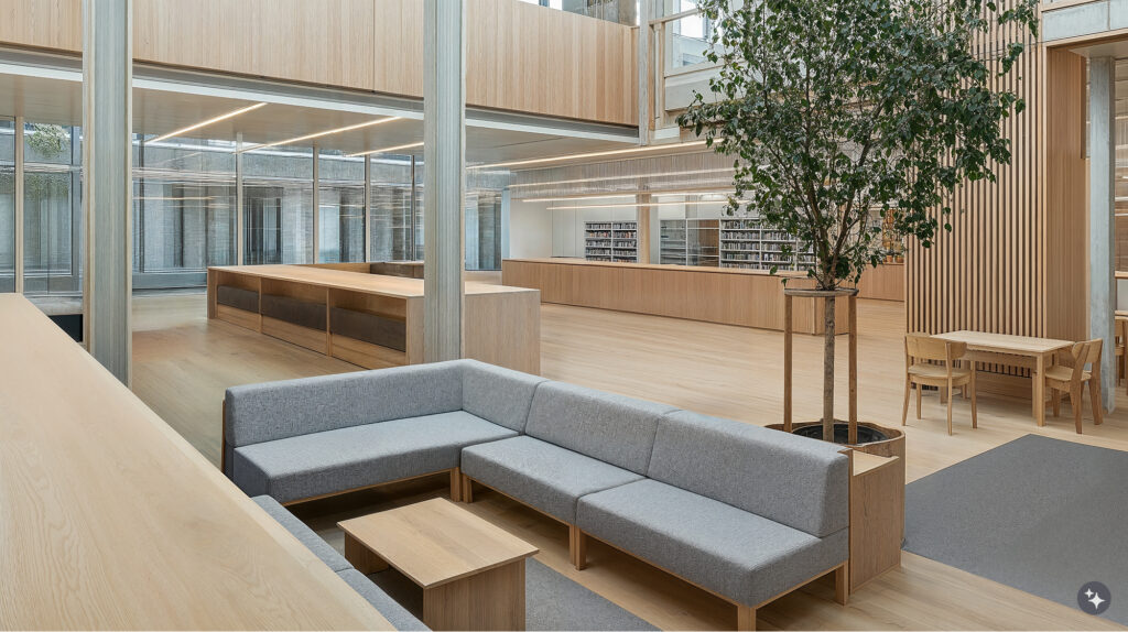 A Finnish sauna design inspired library with wooden floors, wooden wall paneling, and gray modular carpets.