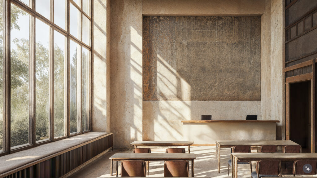 An Egyptian revival classroom with wooden seating, etched marble walls, and ornate ceilings.