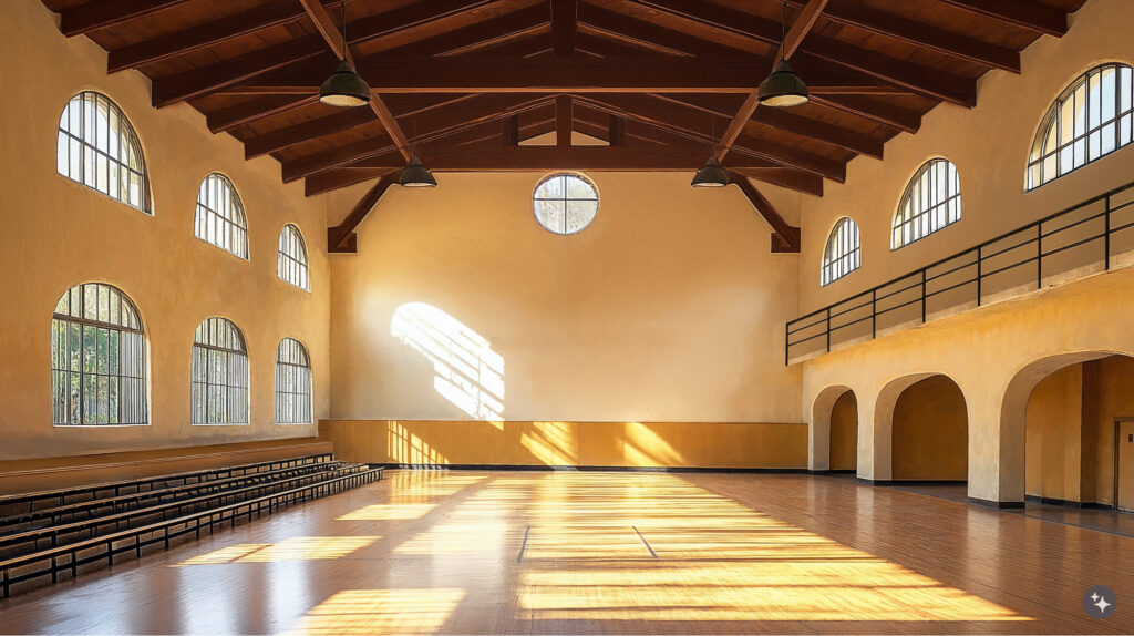 A Mexican hacienda deigned school gym with large windows, wood paneled ceilings, and adobe walls.
