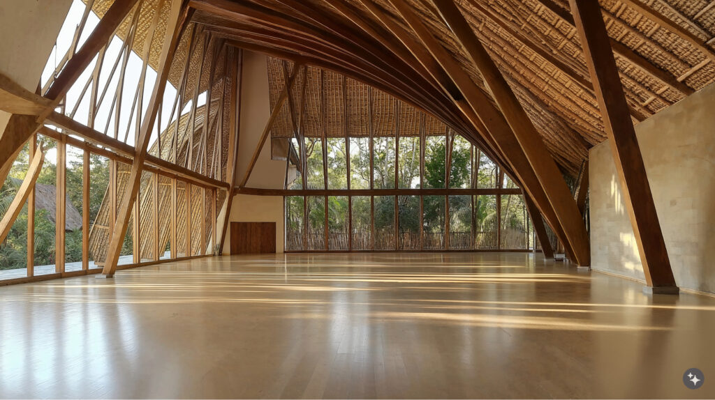 Balinese design gymnasium with hardwood floors, thatched roof, arched wooden support beams to the ceiling and floor to ceiling windows letting in a lot of natural light. 