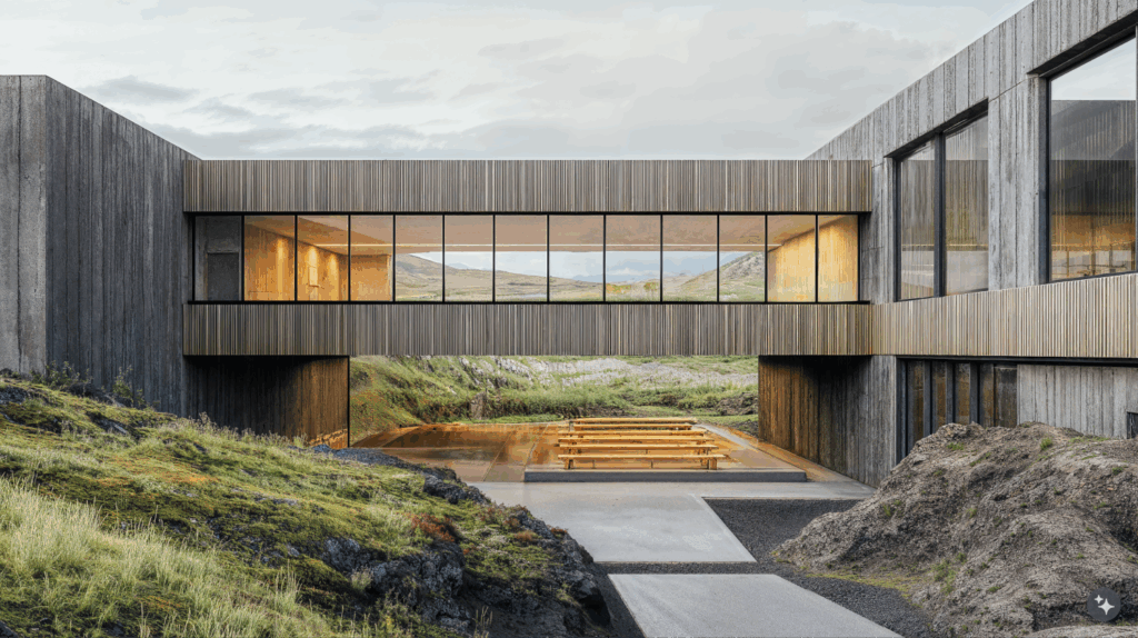 An Icelandic minimalist designed educational space with wood paneled walls, natural stone walkways, and soft LED lighting.