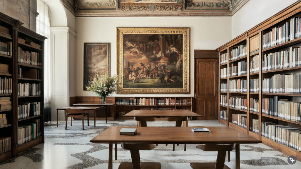 Venetian design library with mosaic tiled floors, large bookshelves surrounding the walls, dark wood doors, tables, and chairs, art hung on the walls and large archways framing floor to ceiling windows. 