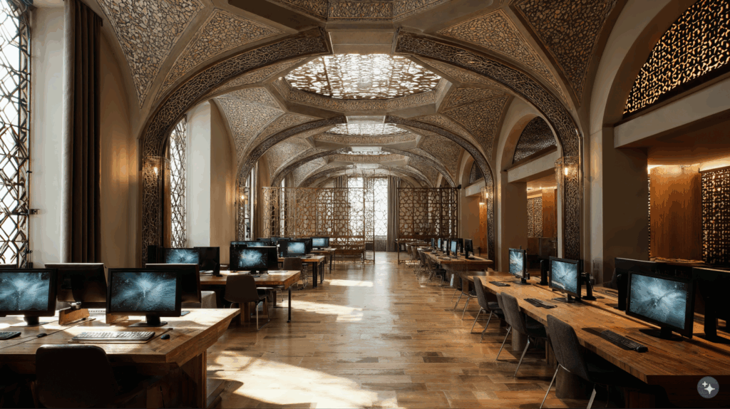 An Ottoman Turkish designed educational space with stone tile flooring, arched ceilings, and wooden furniture.