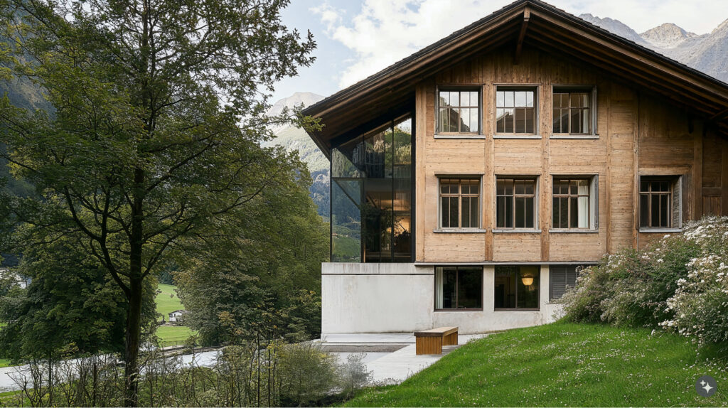 Swiss Alpine design exterior of a dormitory. The exterior of the 3 story building is made of concrete, wood and glass. hills of vibrant green grass and mountains are peaking out behind the building.