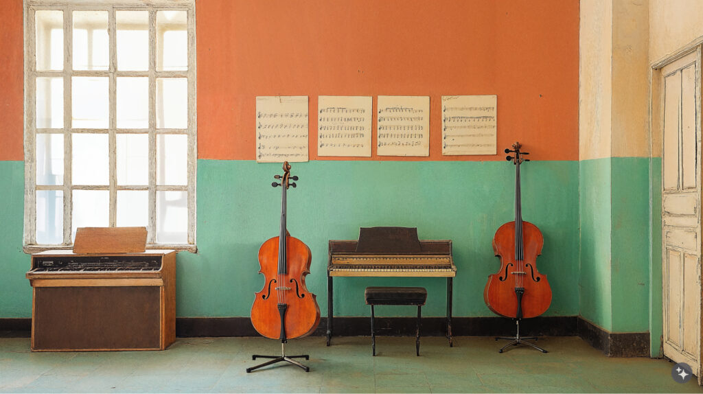 Cuban Design school music room. Pastel coral and turquoise painted walls. Musical instruments are sitting up against the classroom wall. 