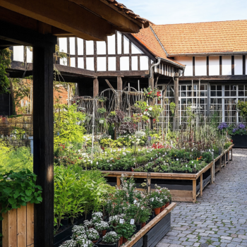 A German Fachwerkaus design with wooden roofs, stone walkways, and white walls.