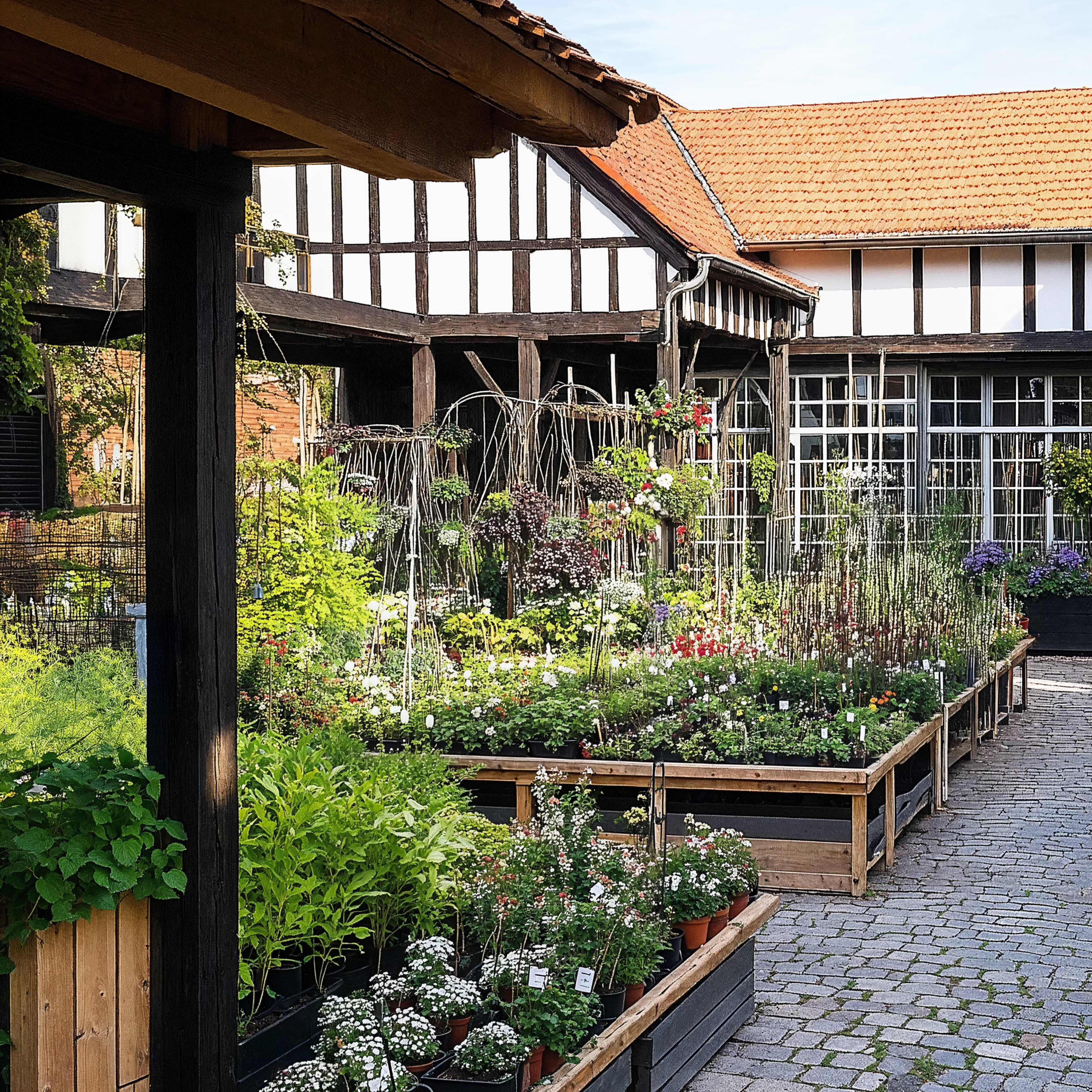 A German Fachwerkaus design with wooden roofs, stone walkways, and white walls.
