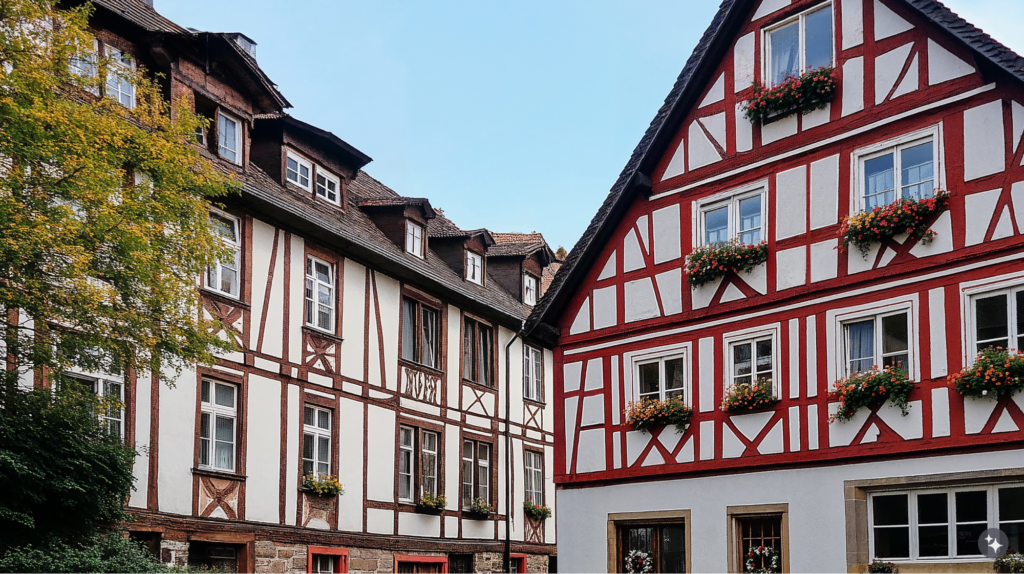 A German Fachwerkaus cultural center with gabled roofs, white walls, and planters.