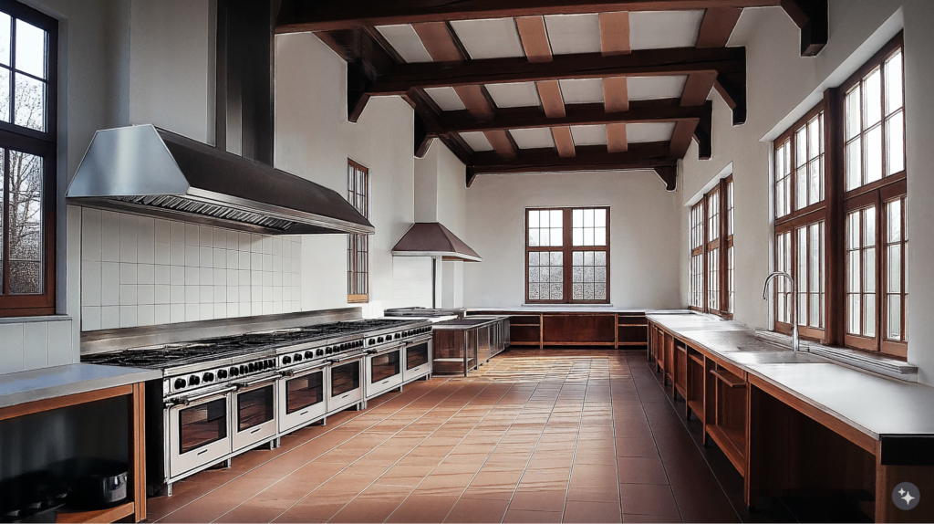 A German Fachwerkaus kitchen with wooden floors, exposed beams, and white walls.