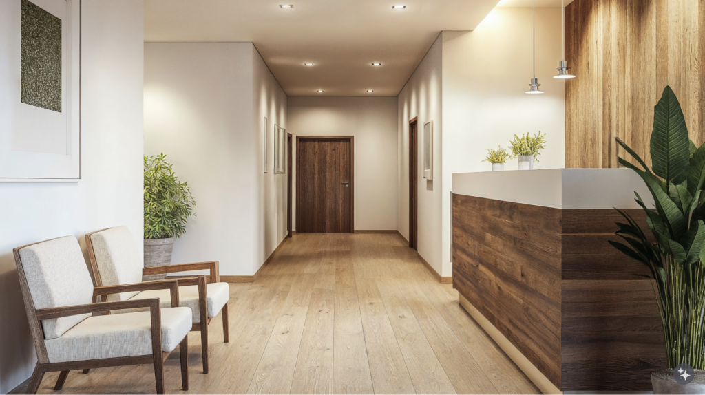 A German Fachwerkaus design with wooden floors, white walls, and upholstered furniture.
