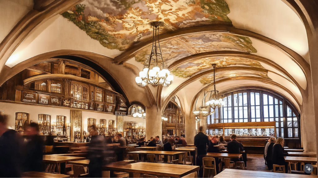 A German Fachwerkaus design with arched ceilings, wooden furniture, and large windows.