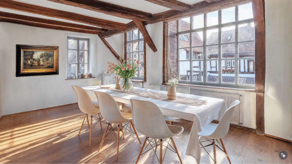 A German Fachwerkaus design with wooden floors, exposed beams, and white walls.