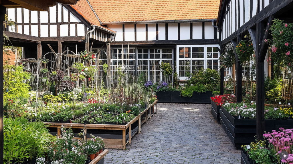 A German Fachwerkaus design with wooden roofs, stone walkways, and white walls.