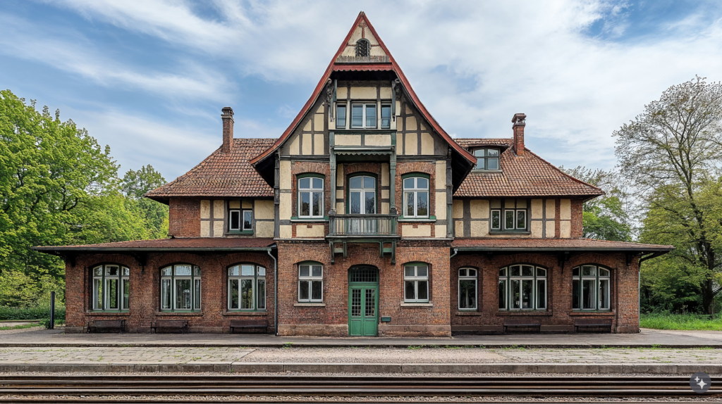 A German Fachwerkaus train station with brick walls, wooden roofs, and rustic windows.