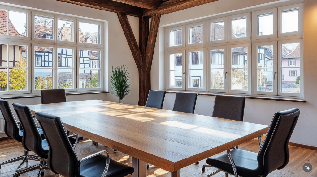 A German Fachwerkaus design with exposed beams, natural lighting, and white walls.