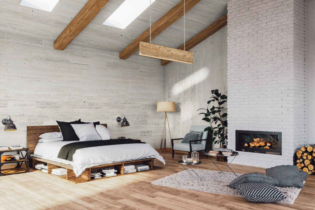 WD Walls Good Neighbor blanco interior of a Scandinavian style attic bedroom with fireplace in a cottage house.