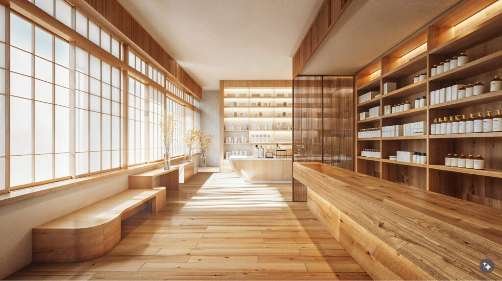 A Japanese Zen designed pharmacy with wood flooring, wooden wall panels and white paint. The shop features large windows on the left side and shelves full of product bottles in the background. A long bench is positioned at the center, with a light wood floor and natural lighting.