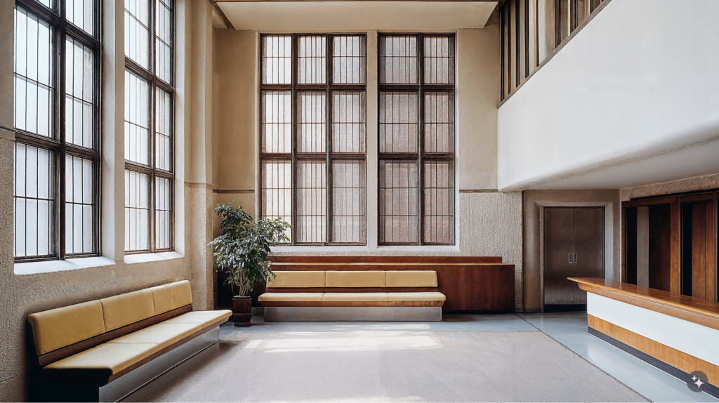 A British arts and crafts designed healthcare space with tile flooring, upholstered furniture, and large windows.