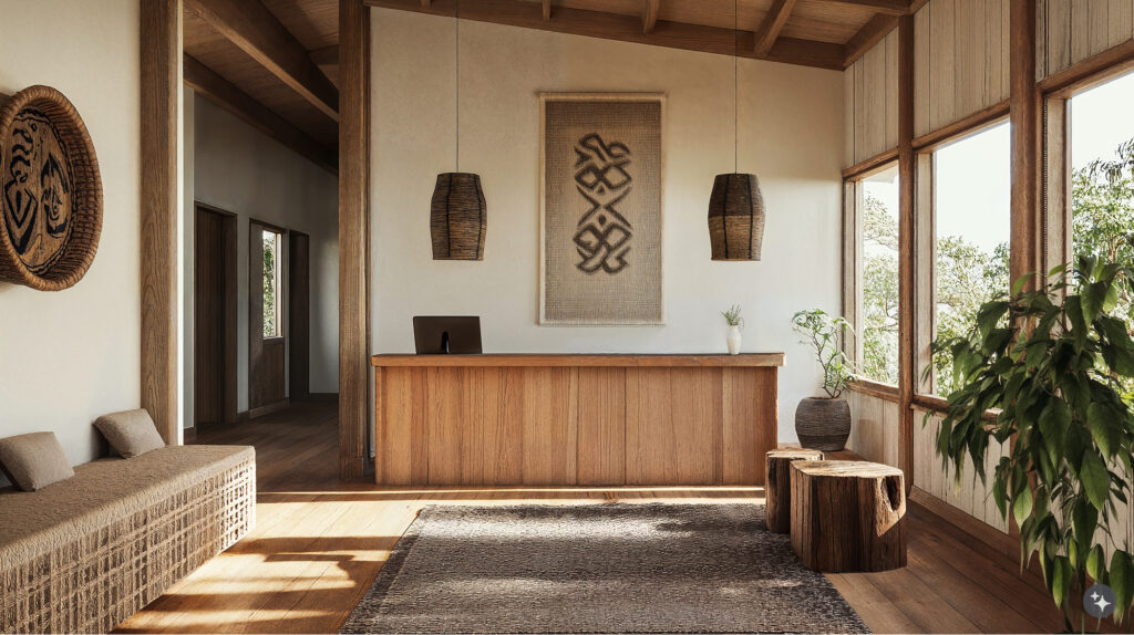 A Maori inspired healthcare office with wooden furniture, white walls, and an area carpet.