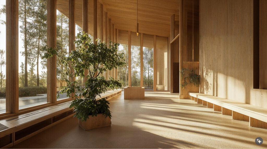 A Finnish sauna inspired healthcare space with wooden wall paneling, wooden benching, and acoustical ceilings.