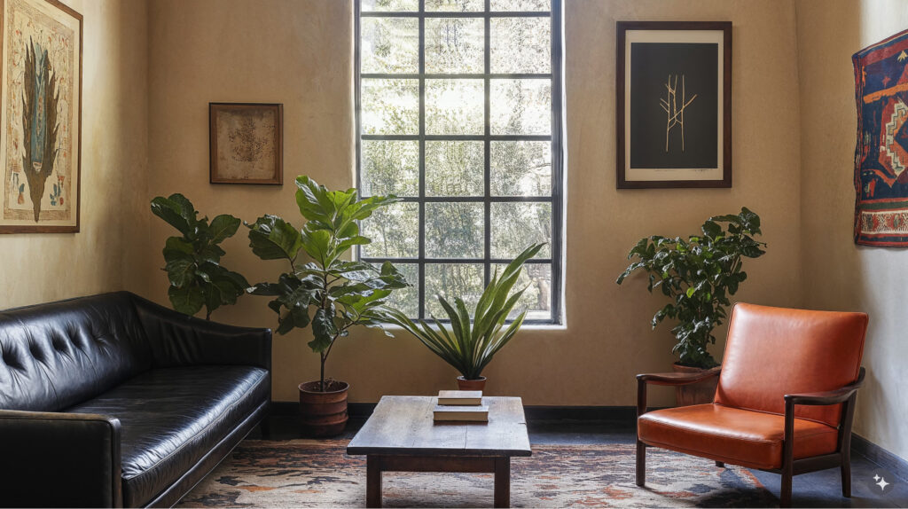 A Mexican hacienda healthcare office with ornate carpet, upholstered furniture, and adobe walls.