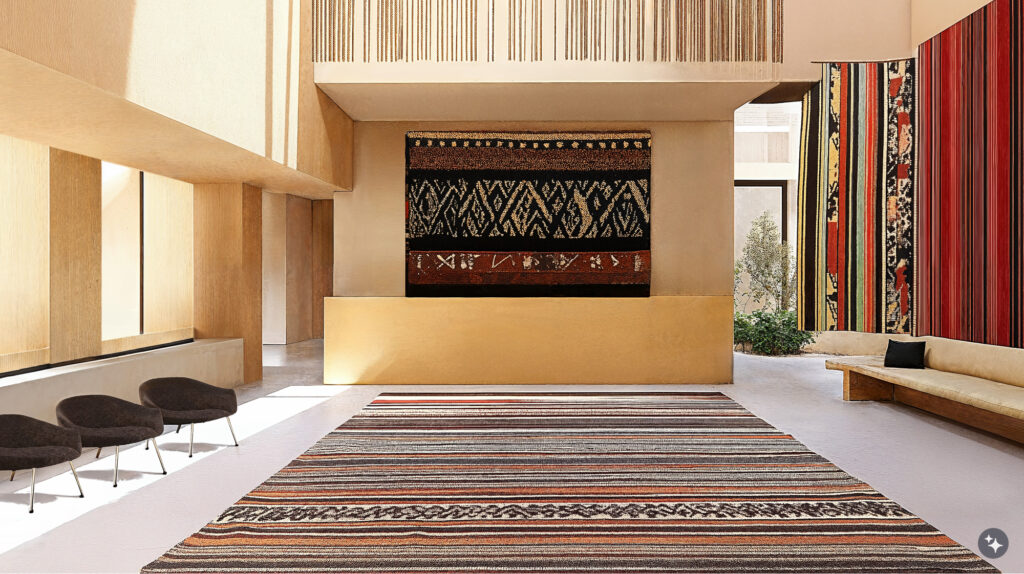 Peruvian Andean Design inspired healthcare lobby with textured walls, neutral colors palette, pattern woven textiles, and stone flooring.
