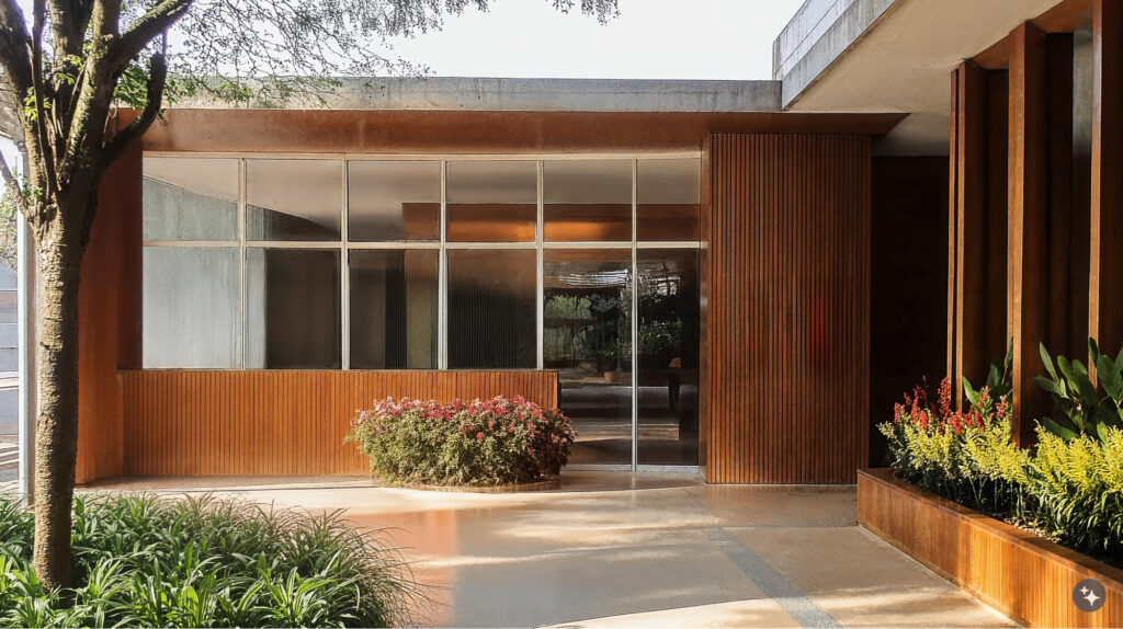 A Brazilian Modernist Designed exterior healthcare building with concrete, wood paneling, natural foliage and open air hallways.