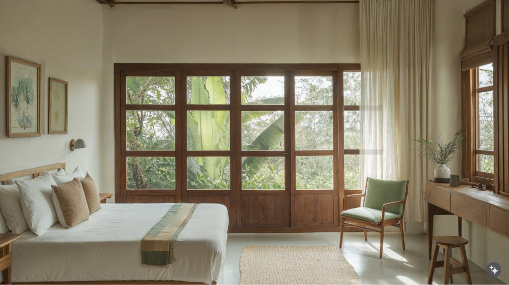 Balinese design maternity ward with A bed on the left side of the room in a palette of neutral colors, wood doors and accents, windows with views to the lush foliage outside. 