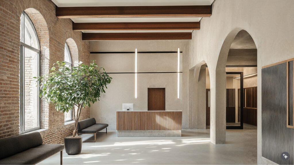 Venetian design healthcare facility waiting area in calming neutral tones with a comfortable bench seating, a potted tree, brick wall on the left side of the room with arched large windows letting in lots of natural light and a wood paneled reception desk.  