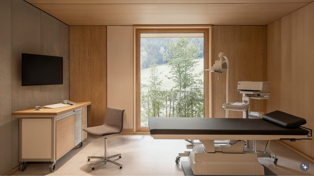 Swiss Alpine design sports medicine clinic with wood panel walls and ceiling a large open window with views of nature, an exam table and a desk and chair all in a neutral color palette. 