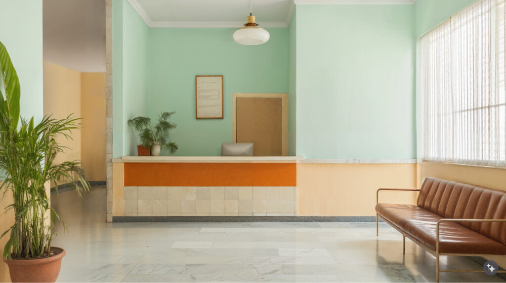 Cuban Design healthcare waiting room with pastel colored walls, stone flooring, bright natural light and tropical green plants throughout. 