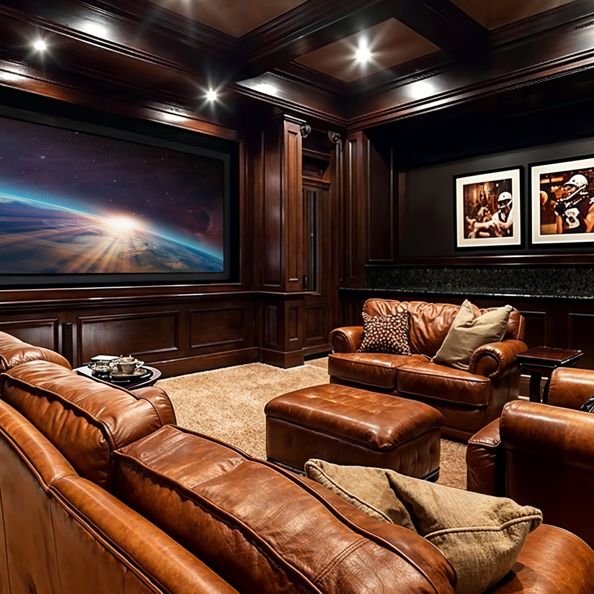 A home theater retreat with brown leather couches, wood end tables, plush beige carpeting with a built in wall unit made of dark wood paneling with a large screen tv in the center.