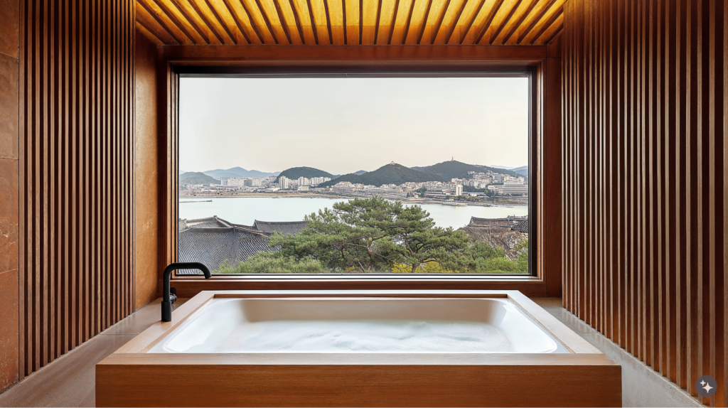 A Korean Hanok designed hotel bathroom with a large hot tub, wooden wall paneling, and large panoramic window.