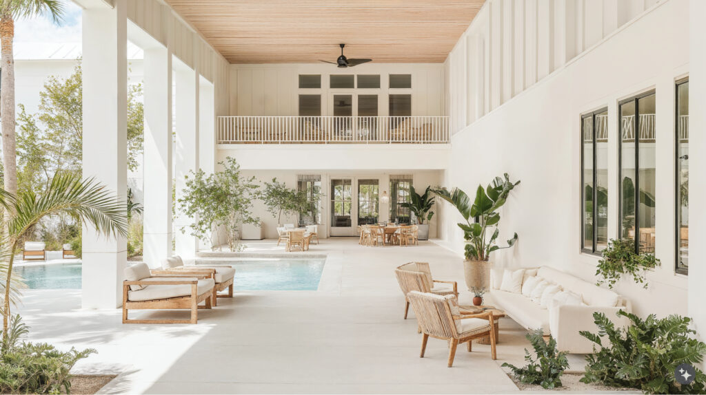 Key West design hotel resort. Stone floors, and bright, white walls are accented by light wood ceiling beams, wood and rattan furniture and a pool in the center of the outdoor space. 