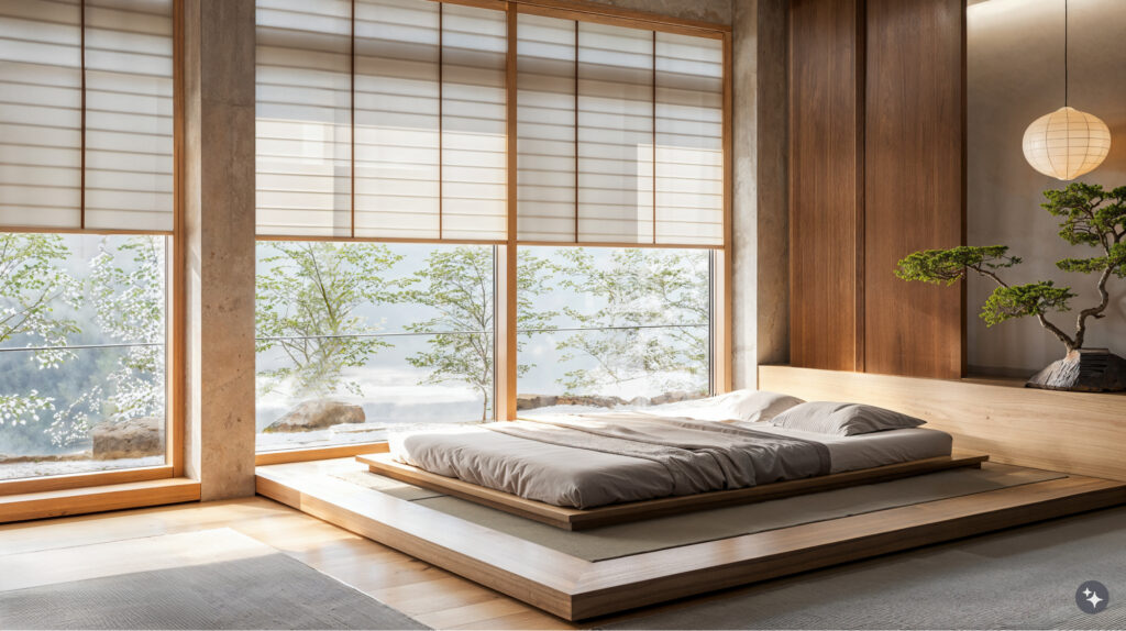 Minimalist Japanese Zen design hotel bedroom with large windows, Japandi-style bed frame, and wooden accents, bathed in natural light from the window. The room has a serene ambiance, with an elegant tea ceremony aesthetic. A small bonsai tree sits on one side of the wall, adding a zen vibe. 