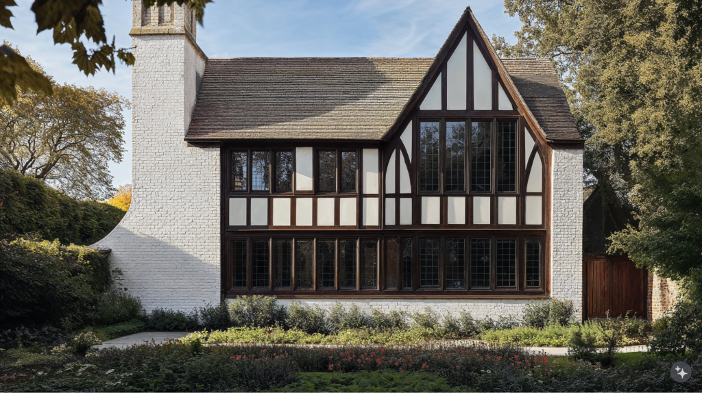 A British arts and crafts hospitality space with brick walls, wooden framing, and tile roofing.