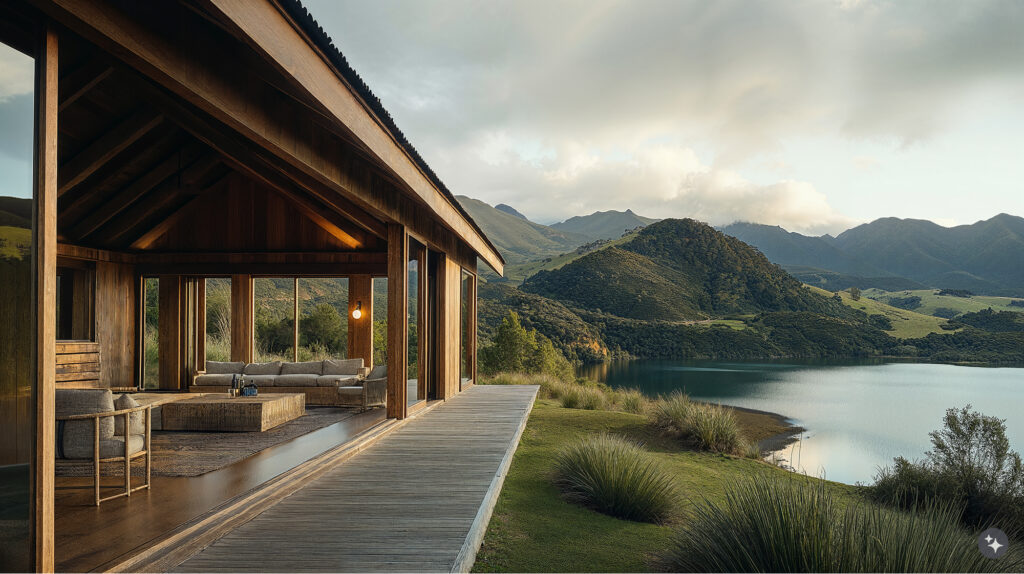 A Maori designed hotel with teak decking, wooden walls, and warm lighting.