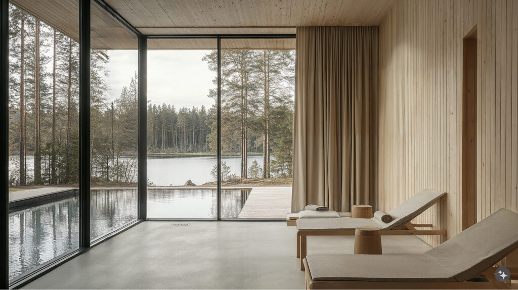 A Finnish sauna with wooden wall paneling, concrete floors, and beige textiles.